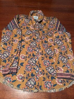 Zara Vintage RARE Mustard Floral Button-Up Shirt Jacket with Navy & Pink Accents